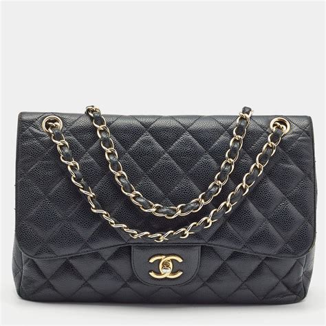 Chanel Black Quilted Caviar Jumbo Classic Double Flap Gold 